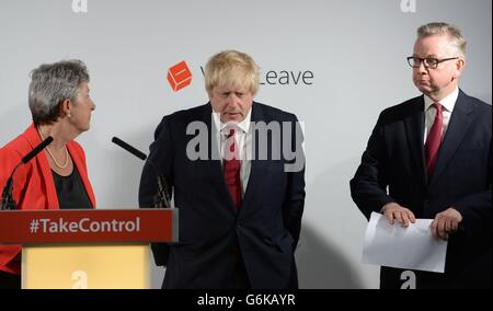 (left to right) Gisela Stuart, Boris Johnson and Michael Gove hold a press conference at Brexit HQ in Westminster, London, after David Cameron has announced he will quit as Prime Minister by October following a humiliating defeat in the referendum which ended with a vote for Britain to leave the European Union. Stock Photo