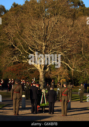 Paul Kehoe and Minister for Public Expenditure Brendan Howlin lay a wreath during a ceremony for the former United States President John F Kennedy, on the 50th anniversary of his death at the JFK Memorial Park and Arboretum in New Ross, Co Wexford, the ancestral home of President Kennedy. Stock Photo