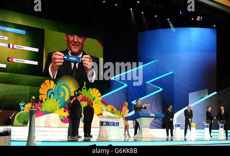 FIFA Secretary General Jerome Valcke shows the paper reading England during the FIFA 2014 World Cup Draw at the Costa Do Sauipe, Salvador, Bahia. Stock Photo