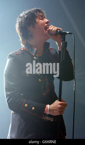 Julian Casablancas lead singer of The Strokes perform on stage at Alexandra Palace in London. Stock Photo