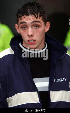 Assistant caretaker at Soham Village College, Jonathan Butler, leaves the Old Bailey in London, after giving evidence to the trial of Ian Huntley and Maxine Carr. Under cross-examination by Stephen Coward QC, defending Huntley, Mr Butler agreed that in a statement to police he told them the journey in Huntley's car when he noticed a smell was on Friday August 16, not the Saturday. Mr Butler described the Polyfilla smell as being sweet and strong and sticking in the throat. Stock Photo