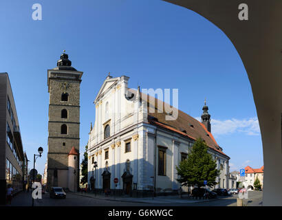 Black Tower and St Nicholas Cathedral, Ceske Budejovice (Budweis), Czech Republic, Jihocesky, Südböhmen, South Bohemia, Stock Photo