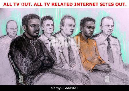 ALL TV OUT. ALL TV RELATED INTERNET SITES OUT. Court artist sketch by Elizabeth Cook of the two men accused of the murder of Fusilier Lee Rigby, Michael Adebolajo (left) and Michael Adebowale (right) during their trial at the Old Bailey in central London. Stock Photo