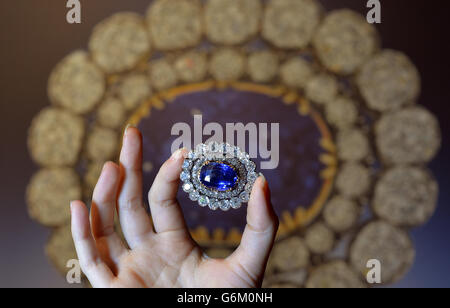 A sapphire and diamond brooch owned by author Barbara Taylor Bradford at Bonhams showroom in central London which is expected to fetch &pound;100,000 when its sold by the auctioneers later this week. Stock Photo