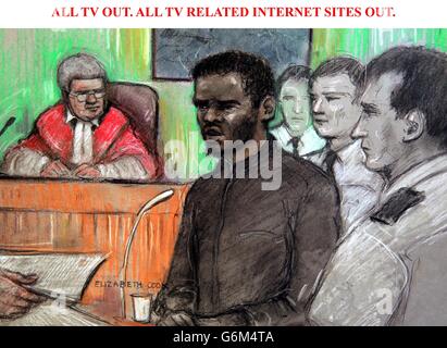 ALL TV OUT. ALL TV RELATED INTERNET SITES OUT. Court artist sketch by Elizabeth Cook of Michael Adebolajo as he gave evidence at the Old Bailey today, he and Michael Adebowale, 22, are accused of murdering Fusilier Rigby by running him down with a car and then hacking him to death with a meat cleaver and knives near Woolwich Barracks in south east London on May 22. Stock Photo