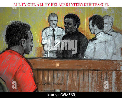 ALL TV OUT. ALL TV RELATED INTERNET SITES OUT. Court artist sketch by Elizabeth Cook of Michael Adebolajo being watched by Michael Adebowale as he gave evidence at the Old Bailey, both are accused of murdering Fusilier Rigby by running him down with a car and then hacking him to death with a meat cleaver and knives near Woolwich Barracks in south east London on May 22. Stock Photo
