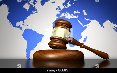 International law system, justice, human rights and global business concept with a gavel and world map on background. Stock Photo