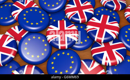 Brexit British referendum financial concept with EU and UK flag on pin badges 3D illustration background. Stock Photo