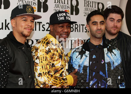 Piers Agget, DJ Locksmith, Amir Amor and Kesi Dryden of Rudimental arriving for the BRITS nominations, at ITV Studios, Southbank in London. Stock Photo