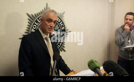 BEST QUALITY AVAILABLE. DCI Justyn Galloway talking to members of media at PSNI headquarters in Belfast as police are trawling through hours of CCTV footage in the hunt for a man in a black hooded top suspected of leaving a bomb outside a busy restaurant in Belfast. PRESS ASSOCIATION Photo. Picture date: Saturday December 14, 2013. See PA story ULSTER Explosion. Photo credit should read: David Young/PA Wire Stock Photo