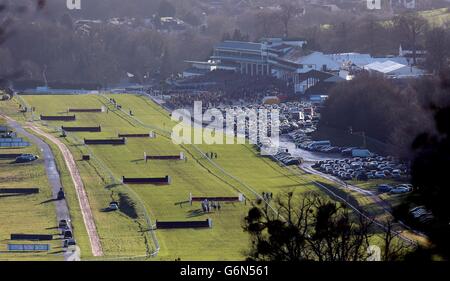 Runners head up the home straight in the Coral Spin Casino For iPad Handicap Hurdle during Coral Welsh Grand National Race Day at Chepstow Racecourse, Chepstow. Stock Photo