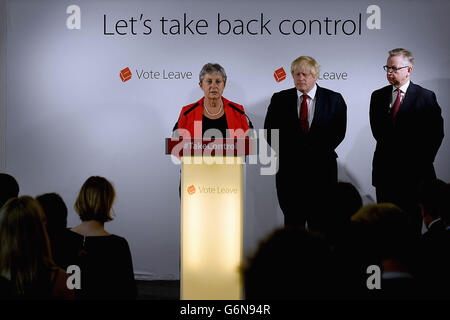 (left to right) Gisela Stuart, Boris Johnson and Michael Gove hold a press conference at Brexit HQ in Westminster, London, after David Cameron has announced he will quit as Prime Minister by October following a humiliating defeat in the referendum which ended with a vote for Britain to leave the European Union. Stock Photo