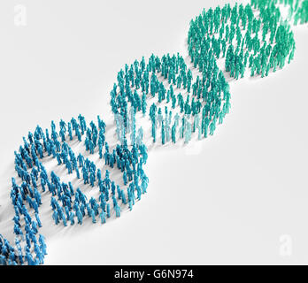 Tiny people forming a DNA helix symbol - genetics research and population wide genetic traits concept