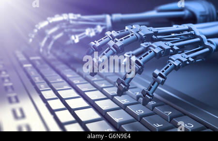 Robot typing on a computer keyboard - automation and AI research concept illustration