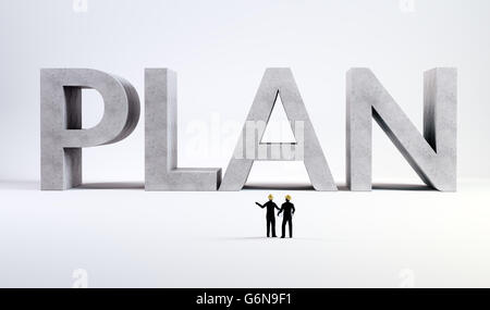 Two tiny engineers overseeing a plan - 3d concept illustration Stock Photo