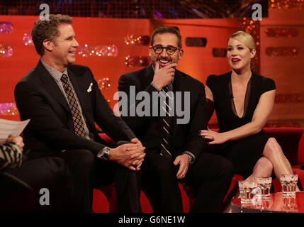 (left to right) Will Ferrell, Steve Carell and Christina Applegate from the film Anchorman 2: The Legend Continues, during the filming of the New Year's Eve Graham Norton Show, at The London Studios, south London, to be aired on BBC One on Tuesday evening. Stock Photo