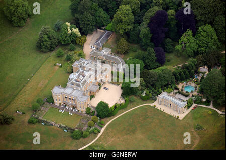 Aerial view of Daylesford House near Stow-on-the-Wold, Gloucestershire UK - home of JCB boss Sir Anthony Bamford Stock Photo