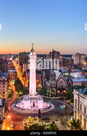 Baltimore, Maryland, USA cityscape at Mt. Vernon and the Washington Monument. Stock Photo