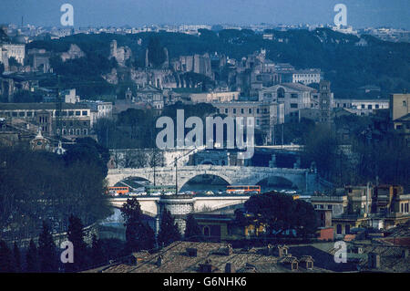 Palatine and Aventine Hills seen from Gianicolo across river Tiber and bridges Stock Photo
