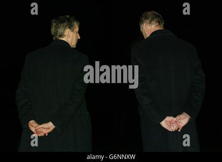 Principal of Soham Village College, Howard Gilbert (L) and Head Teacher of St Andrew's Primary School, Geoff Fisher, attend a press conference at the Walter Gidney Pavillion Green, Soham, on the day Ian Huntley was sentenced to life for the murders of Holly Wells and Jessica Chapman. Maxine Carr was sentenced to three and a half years for conspiring with Huntley to pervert the course of justice. She will serve half that sentence as time in custody will be taken into account. Stock Photo