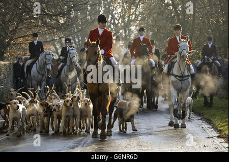 The Avon Vale hunt makes its way to the village of Laycock, Wiltshire on the traditional Boxing Day meet as a poll by Ipsos Mori on behalf of the League Against Cruel Sports and the RSPCA found that eight out of ten people believe foxhunting should remain illegal. Stock Photo