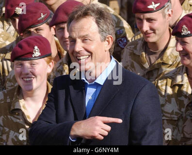 British Prime Minister Tony Blair meets troops after he arrived in Basra for a surprise visit to British soldiers in Iraq. Stock Photo