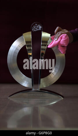 The Official trophy for the Tour de France Grand Depart as it goes on public display ahead of the race in July at Leeds Civic Hall. Stock Photo