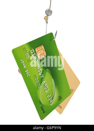 Two credit cards on fishing hook 3d illustration fraud concept isolated on white Stock Photo