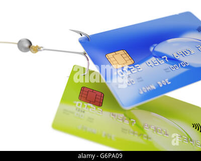 Two credit cards on fishing hook 3d illustration fraud concept isolated on white Stock Photo