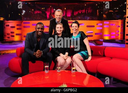 Presenter Graham Norton (back centre) with guests (left to right) Idris Elba, Lena Dunham and Olivia Colman during the filming of the Graham Norton Show at The London Studios, south London, to be aired on BBC One on Friday evening. Stock Photo