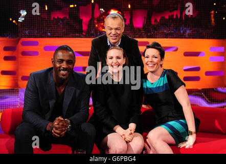 Presenter Graham Norton (back centre) with guests (left to right) Idris Elba, Lena Dunham and Olivia Colman during the filming of the Graham Norton Show at The London Studios, south London, to be aired on BBC One on Friday evening. Stock Photo