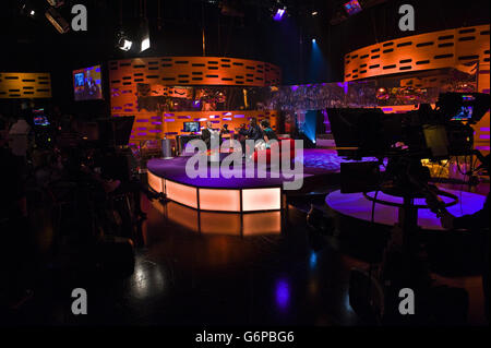 Presenter Graham Norton (left) with guests Idris Elba, Lena Dunham and Olivia Colman during the filming of the Graham Norton Show at The London Studios, south London, to be aired on BBC One on Friday evening. Stock Photo