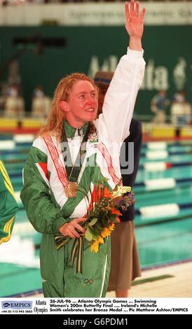 26-JUL-96, Atlanta Olympic Games, Swimming Women's 200m Butterfly Final, Ireland's Michelle Smith celebrates her Bronze Medal Stock Photo