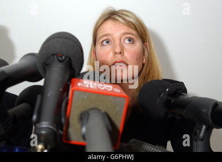 Samantha Roberts speaks to the media after she questioned Defence Secretary Geoff Hoon in person over the death of her husband, Sergeant Steven Roberts, 33, who was shot dead in Iraq while trying to quell a riot just days after being told to hand back his flak jacket because there were not enough to go round. Mrs Roberts, 32, has called on Mr Hoon to quit his Cabinet job over failures to get vital kit to soldiers. Stock Photo