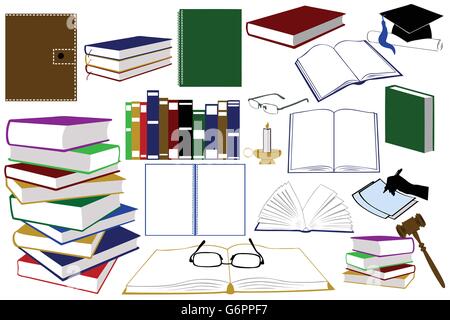 Illustration of different kinds of books and accessories isolated on white Stock Vector