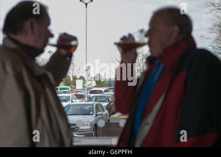 Customers Roger Smith (right) and Craig Pile drink at the Hope and Champion which is the new JD Wetherspoon pub which has opened at the M40 Services at Beaconsfield, Buckinghamshire. Stock Photo