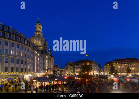 Christmas market on the Neumarkt , in the background the church Frauenkirche, Dresden, Germany, Sachsen, Saxony, Stock Photo