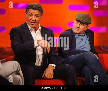 Sylvester Stallone and Robert De Niro during the filming of the Graham Norton Show at The London Studios, south London, to be aired on BBC One on Friday evening. Stock Photo