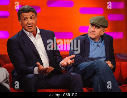 Sylvester Stallone and Robert De Niro during the filming of the Graham Norton Show at The London Studios, south London, to be aired on BBC One on Friday evening. Stock Photo