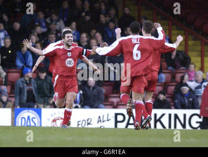 Bristol City's Tommy Doherty (L) celebrates putting his team 1-0 up against Chesterfield during their Nationwide Division Two match at Ashton Gate, Bristol. . Stock Photo