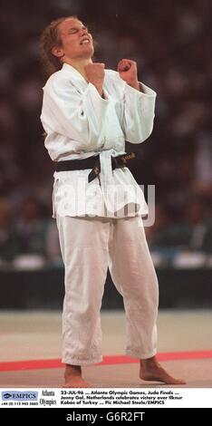 23-JUL-96 ... Atlanta Olympic Games .... Judo Finals ... Jenny Gal, Netherlands celebrates victory over Ilknur Kobas of Turkey Stock Photo