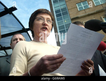 Geraldine Finucane, wife of murdered Belfast solicitor Pat Finucane addresses the media in Belfast, after the family met for the first time with Metropolitan Police Commissioner Sir John Stevens who has been investigating the shooting. Mr Finucane was gunned down in front of his family by the Ulster Freedom Fighters in February 1989. The family, human rights campaigners and nationalist politicians have for years claimed Mr Finucane and others were the victims of a policy of targeting by elements within military intelligence and the Royal Ulster Constabulary. Stock Photo