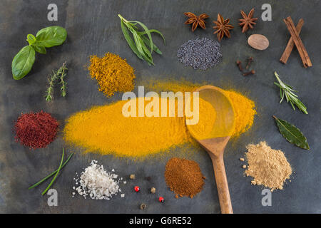 Spices Herbs and spices powder selection on slate Stock Photo