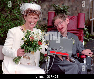 World renowned scientist Stephen Hawking with his wife and nurse Elaine Mason after their marriage ceremony at Cambridge registry office. Stock Photo