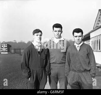 (l-r) D. Weaver (Swansea), J. T. Mantle (Loughborough Colleges and Newport) and K. Bradshaw (Bridgend) all pictured at London Welsh's Old Deer Park ground for a training session ahead of the Five Nations game with England. Stock Photo