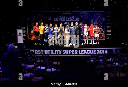 Rugby League - First Utility Super League - Official Launch - Event City. Captains from each team (Leeds Rhino's missing) during the official launch of the First Utility Super League at Event City, Manchester. Stock Photo