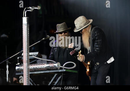 Dusty Hill and Billy Gibbons of ZZ Top performing on the Pyramid Stage at the Glastonbury Festival, at Worthy Farm in Somerset. Stock Photo