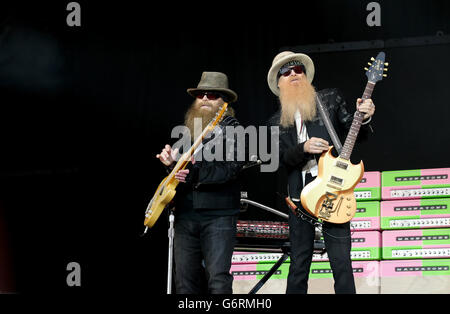 Dusty Hill and Billy Gibbons of ZZ Top performing on the Pyramid Stage at the Glastonbury Festival, at Worthy Farm in Somerset. Stock Photo