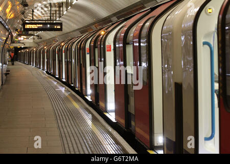 An empty train on the Victoria Line platform at King's Cross station during the London Underground workers strike over planned job cuts and ticket office closures as talks aimed at resolving the dispute will be held tomorrow, but a crippling strike will continue today. Stock Photo