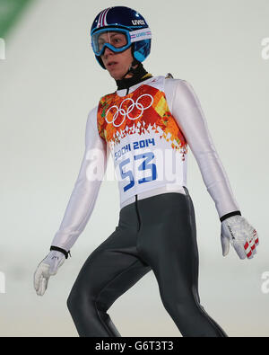 Austria Thomas Diethart during a jump prior to the Mens Normal Hill Individual Qualification Round at the RusSki Gorki Jumping Center on day one of the Sochi Winter Olympic Games Stock Photo